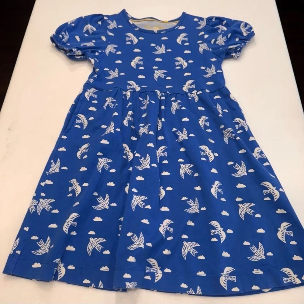 Mini Boden Girls Puff Sleeve Cotton Dress Blue & White Sz 6-7 Years